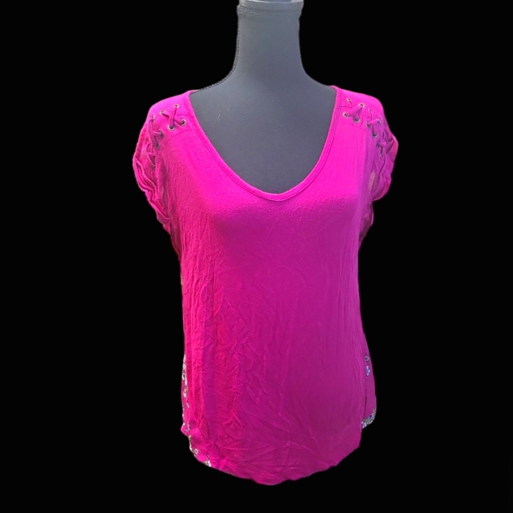 Pink Republic Shoulder Tie Short Sleeve Fuschia floral back Print Shirt XS